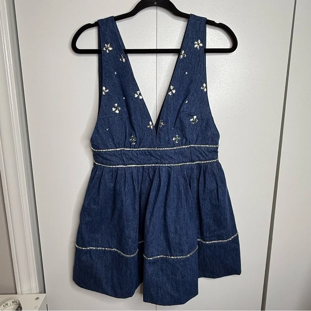Free People Aultry Embellished Mini Dress Denim Rhinestones Small NWT - Picture 2 of 10